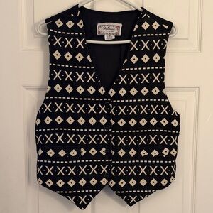 Vintage Black and Cream Geometric Patterned Women's Vest Medium